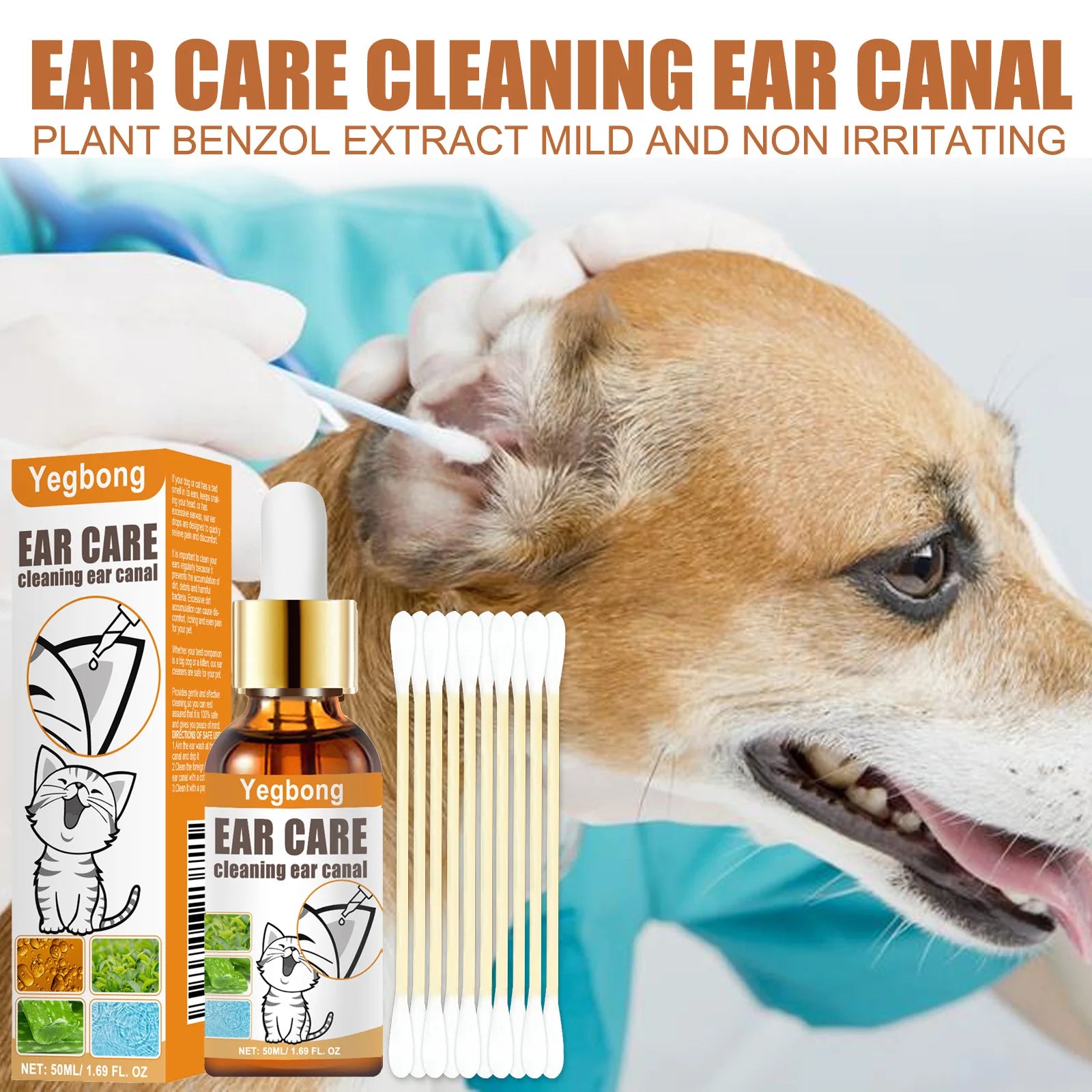 Yegbong 50ml Pet Ear Mite Deodorant Ear Cleaner Ear Wash Infection Control Itching Relief Pet Ear Soothing Care With Cotton Swab