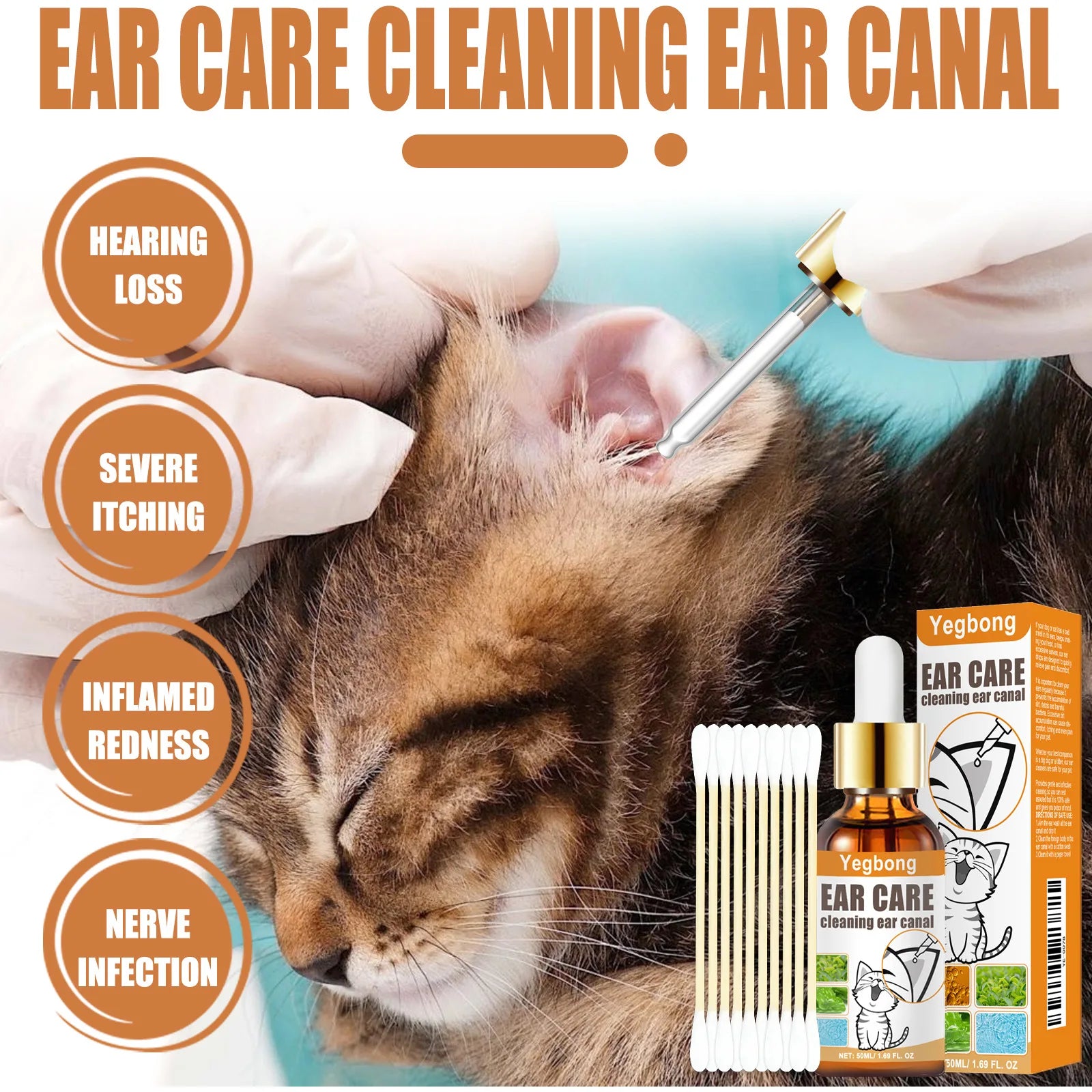 Yegbong 50ml Pet Ear Mite Deodorant Ear Cleaner Ear Wash Infection Control Itching Relief Pet Ear Soothing Care With Cotton Swab
