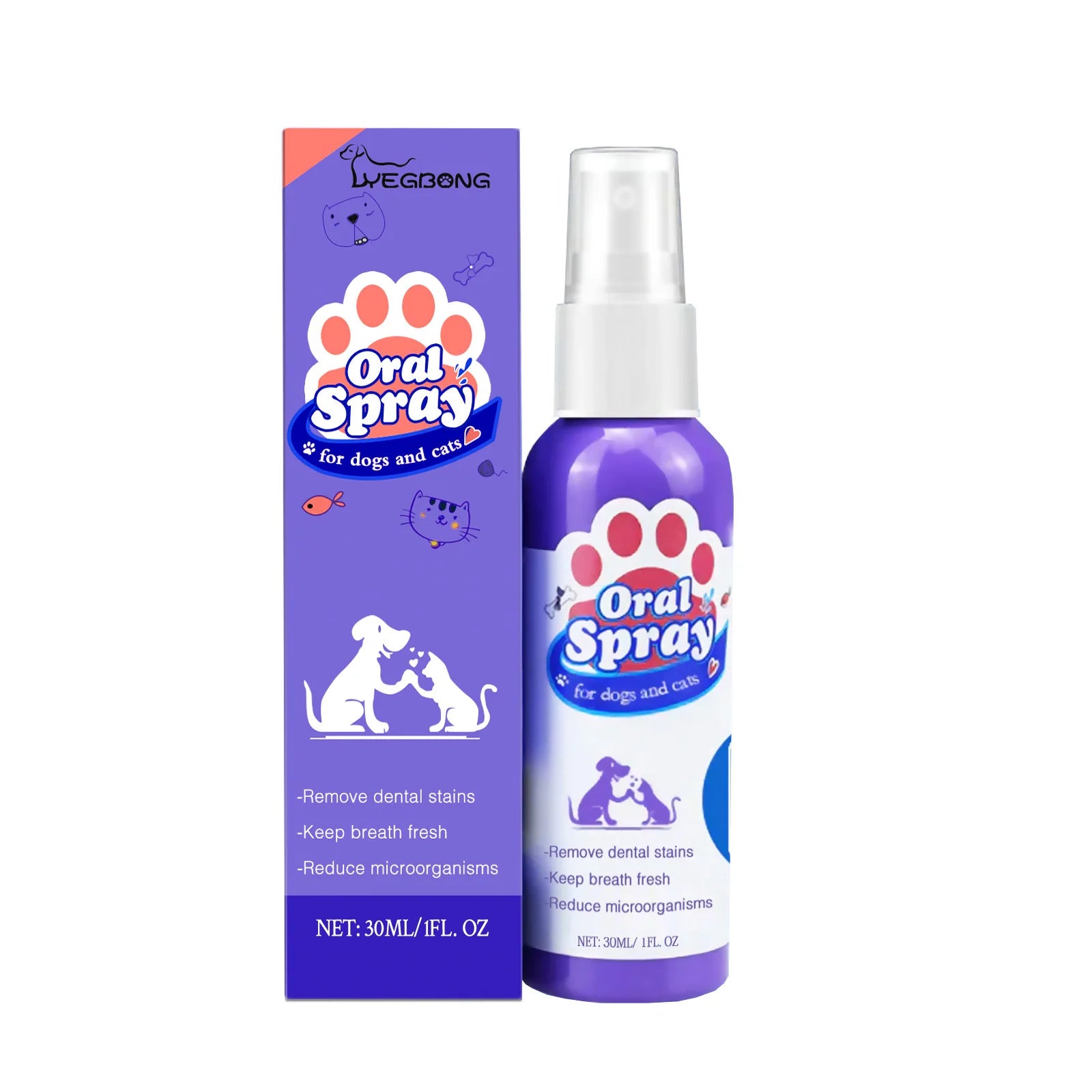 Yegbong 30ml Pet Teeth Cleaning Spray Cats Dogs Whitening Remove Bad Breath Tooth Stains Calculus Deodorant Pet Oral Care Spray