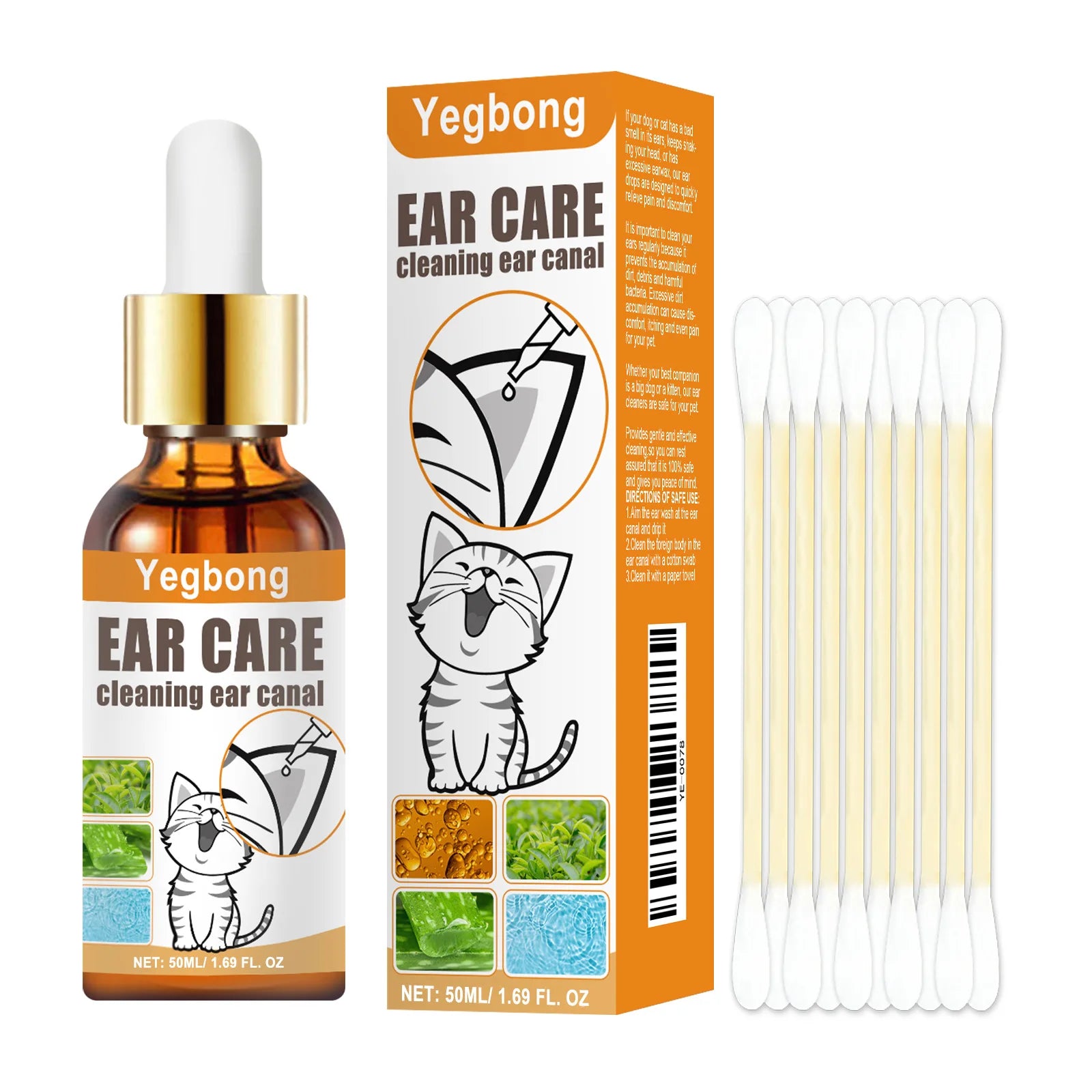 Yegbong 50ml Pet Ear Mite Deodorant Ear Cleaner Ear Wash Infection Control Itching Relief Pet Ear Soothing Care With Cotton Swab