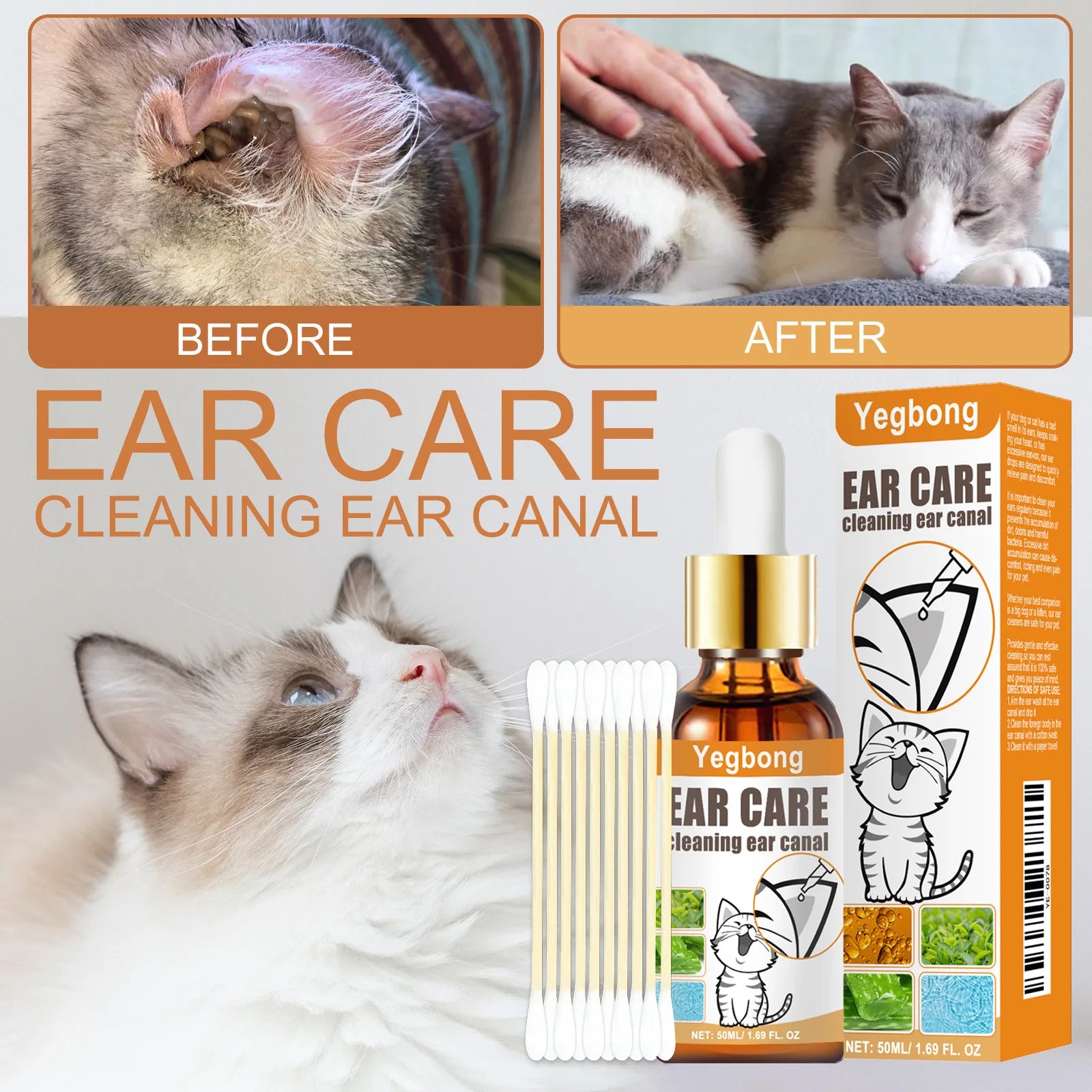 Yegbong 50ml Pet Ear Mite Deodorant Ear Cleaner Ear Wash Infection Control Itching Relief Pet Ear Soothing Care With Cotton Swab