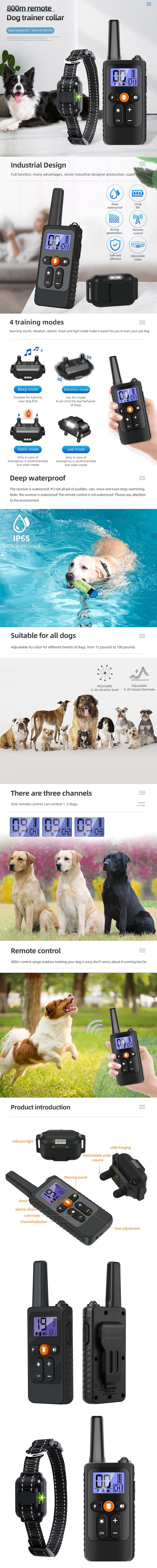 800m Dog Training Collar Waterproof Pet Remote Control Collar With Shock Vibration Sound