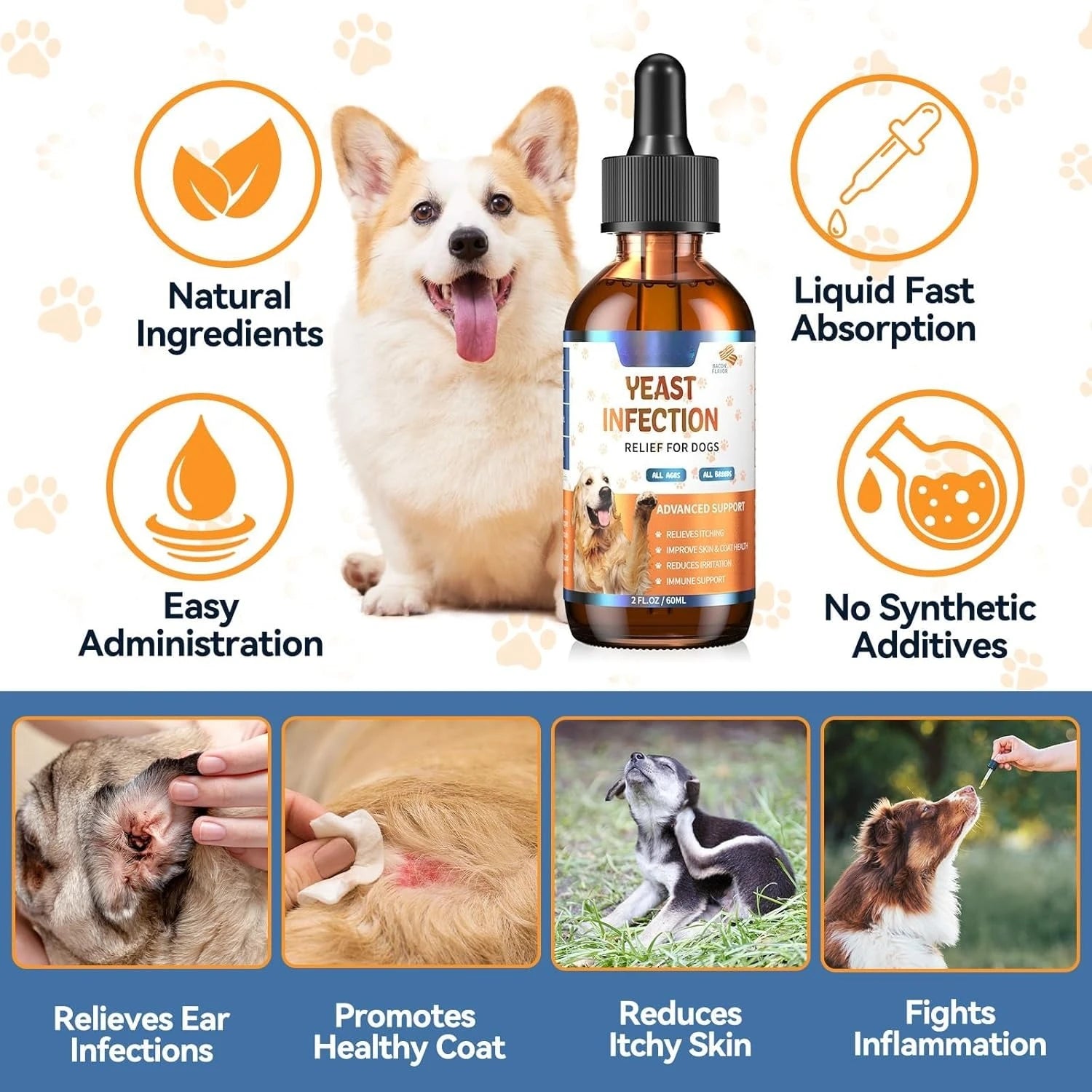 60ml Natural Yeast Relief Supplements for Dogs Itch Relief Dog Ear Discomfort
