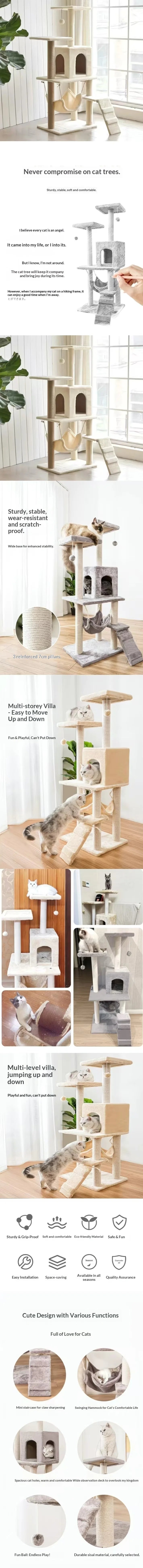 Multi-Level Cat Condo Large Cats Tree Plush Hammock Cat Tower with Scratching Posts Cat Tree House Cats Toys Accessories for
