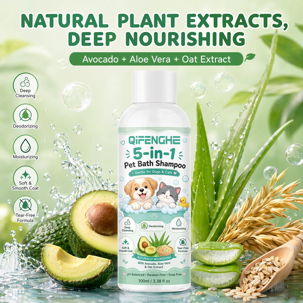 5-in-1 Pet Bath Shampoo for Dogs & Cats, Tear-Free Oatmeal Aloe Avocado