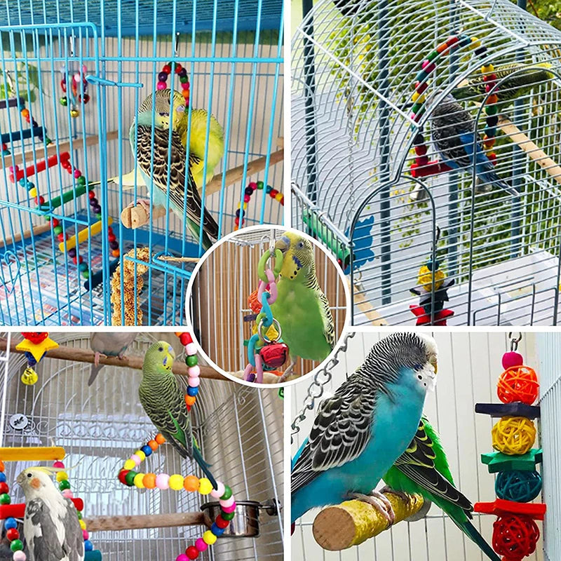 7PCS Bird Toy Wood Parrot Toys Set Cage Bird Accessories Swing Suspension