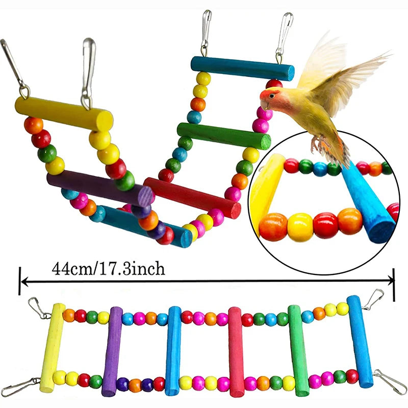 7PCS Bird Toy Wood Parrot Toys Set Cage Bird Accessories Swing Suspension
