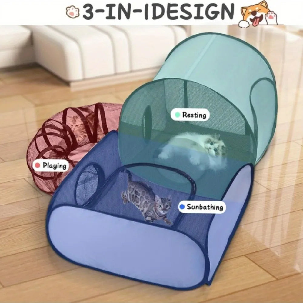 Foldable Cat Tent with Tunnel, Breathable Polyester Cat Cage Indoor Outdoor