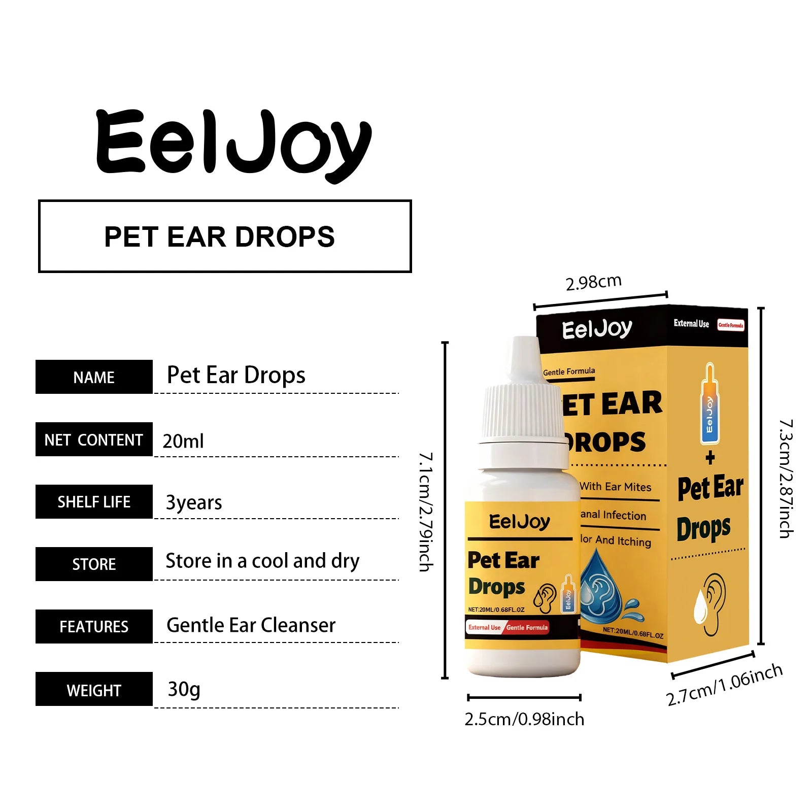 EelJoy Pet Ear Drops for Dog Cat Anti Itch Anti Mite Soothing Skin Moisturizing