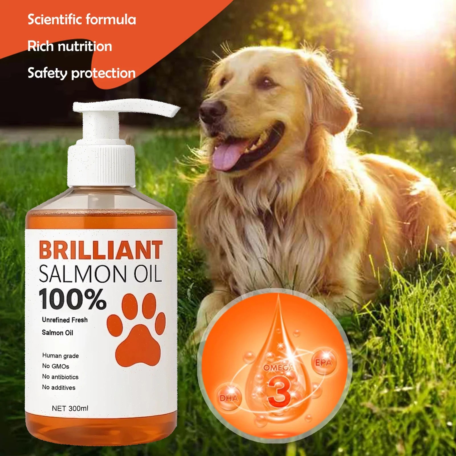 300ml/10.15 fl oz, 100ml/3.38 fl oz Human Grade Salmon Oil for Dogs & Cats