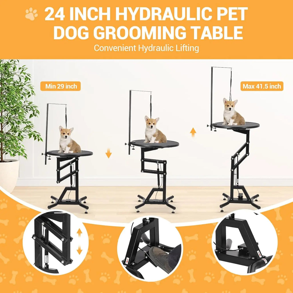 24in Hydraulic Lift Dog Grooming Table 360° Rotating Non-Slip Pet Station For Small Dogs Adjustable Arm Home Grooming Table