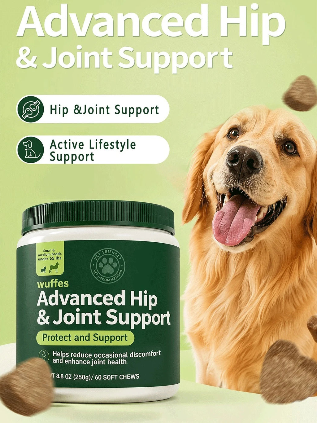 250g Hip Joint Support Chews for Dogs 60 Soft Chews with Glucosamine Chondroitin