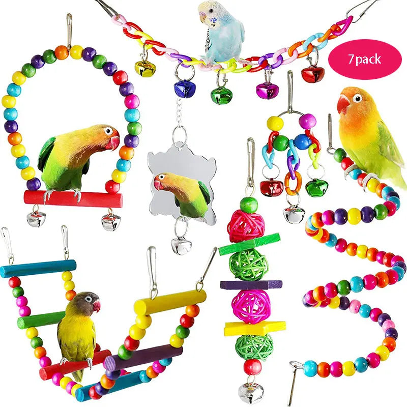 7PCS Bird Toy Wood Parrot Toys Set Cage Bird Accessories Swing Suspension