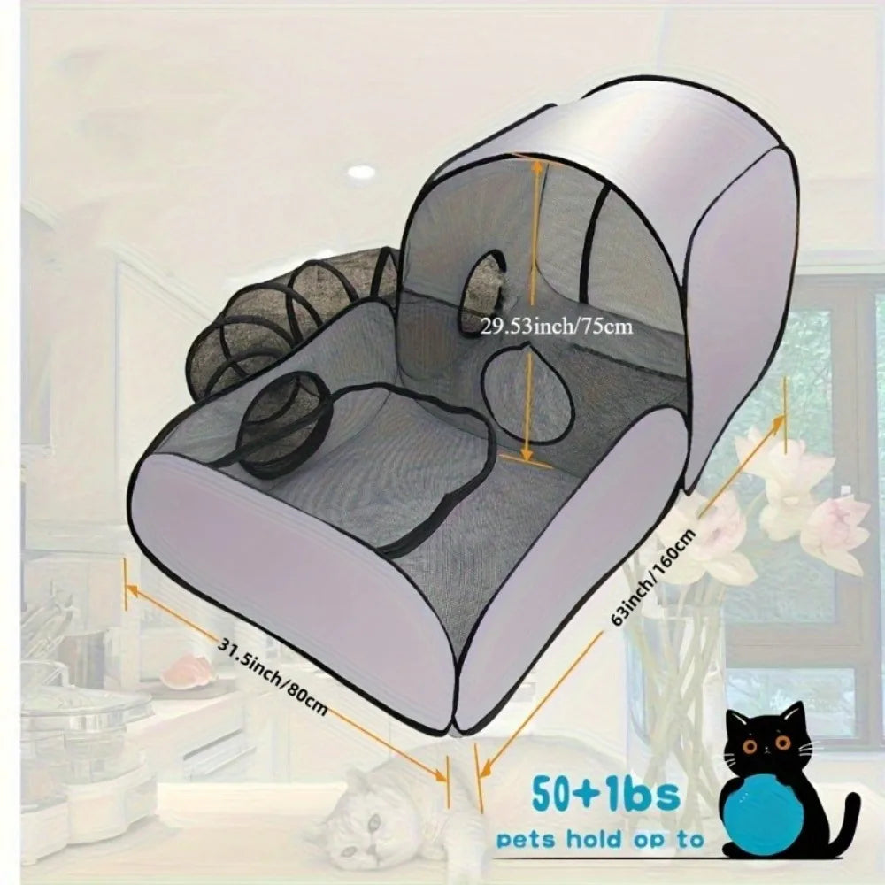 Foldable Cat Tent with Tunnel, Breathable Polyester Cat Cage Indoor Outdoor
