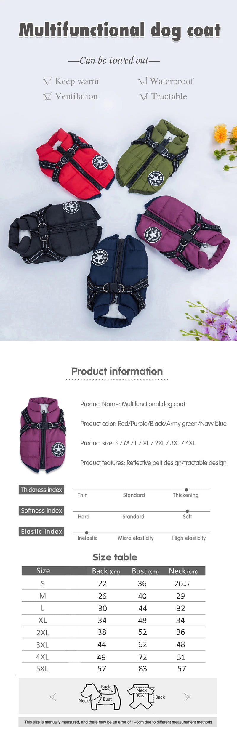 Waterproof Warm Dog Jacket Vest Winter Dog Clothes With Harness French-Bulldog