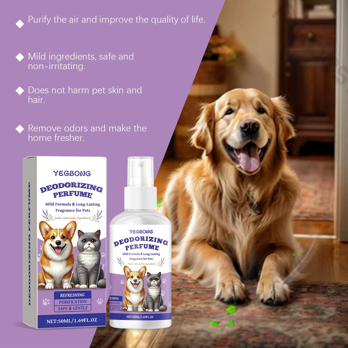 50ML Pet Deodorize Spray Gentle Formula Cleaning Dirts Refreshing Eliminate Bad Odors