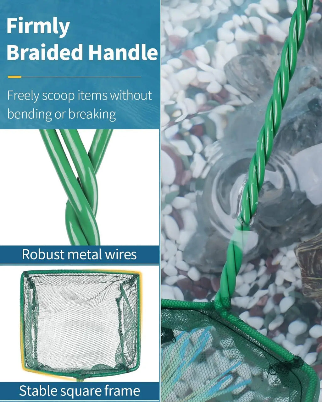 Pawfly Aquarium Fish Net – Square Fine Mesh with Braided Metal Handle for Tanks, Koi Ponds & Pool Cleaning