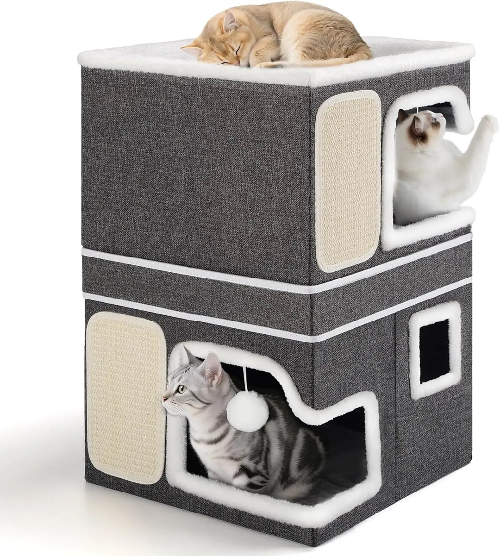 Double Cat Beds for Indoor Cats, 2-Storey Cat House with Large Cozy Hideaways, Dual Purpose Cat Cave Cube with Scratch Pads