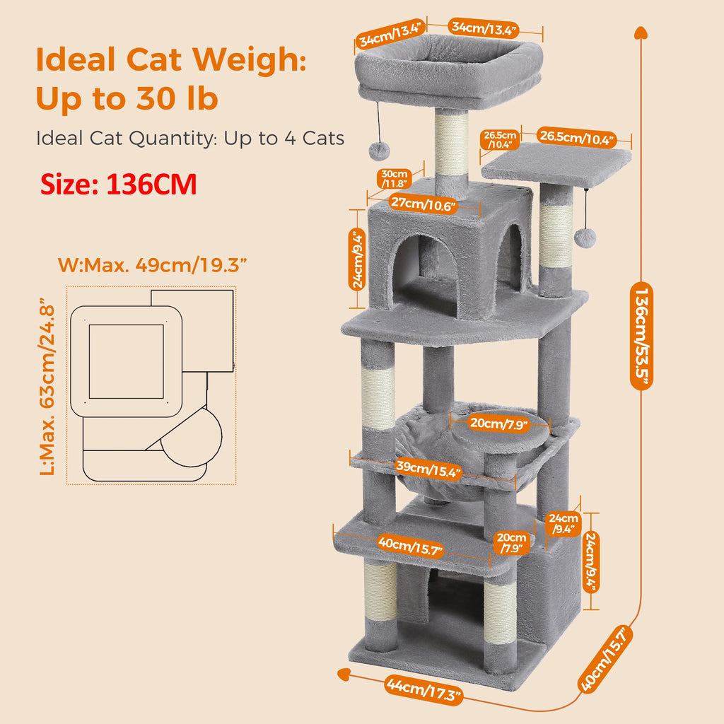 Large Cat Tree and Tower for Indoor Cats With Sisal-Covered Scratching Posts