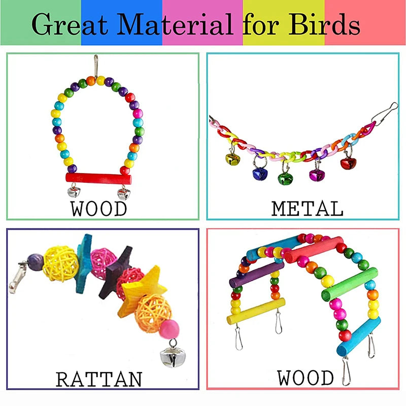 7PCS Bird Toy Wood Parrot Toys Set Cage Bird Accessories Swing Suspension