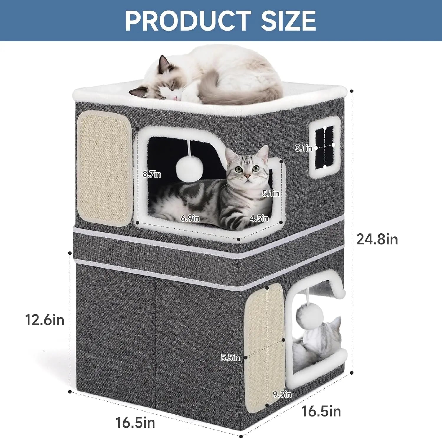 Double Cat Beds for Indoor Cats, 2-Storey Cat House with Large Cozy Hideaways, Dual Purpose Cat Cave Cube with Scratch Pads