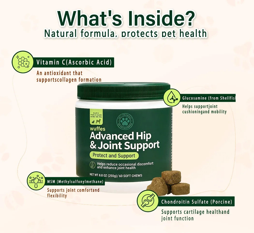 250g Hip Joint Support Chews for Dogs 60 Soft Chews with Glucosamine Chondroitin