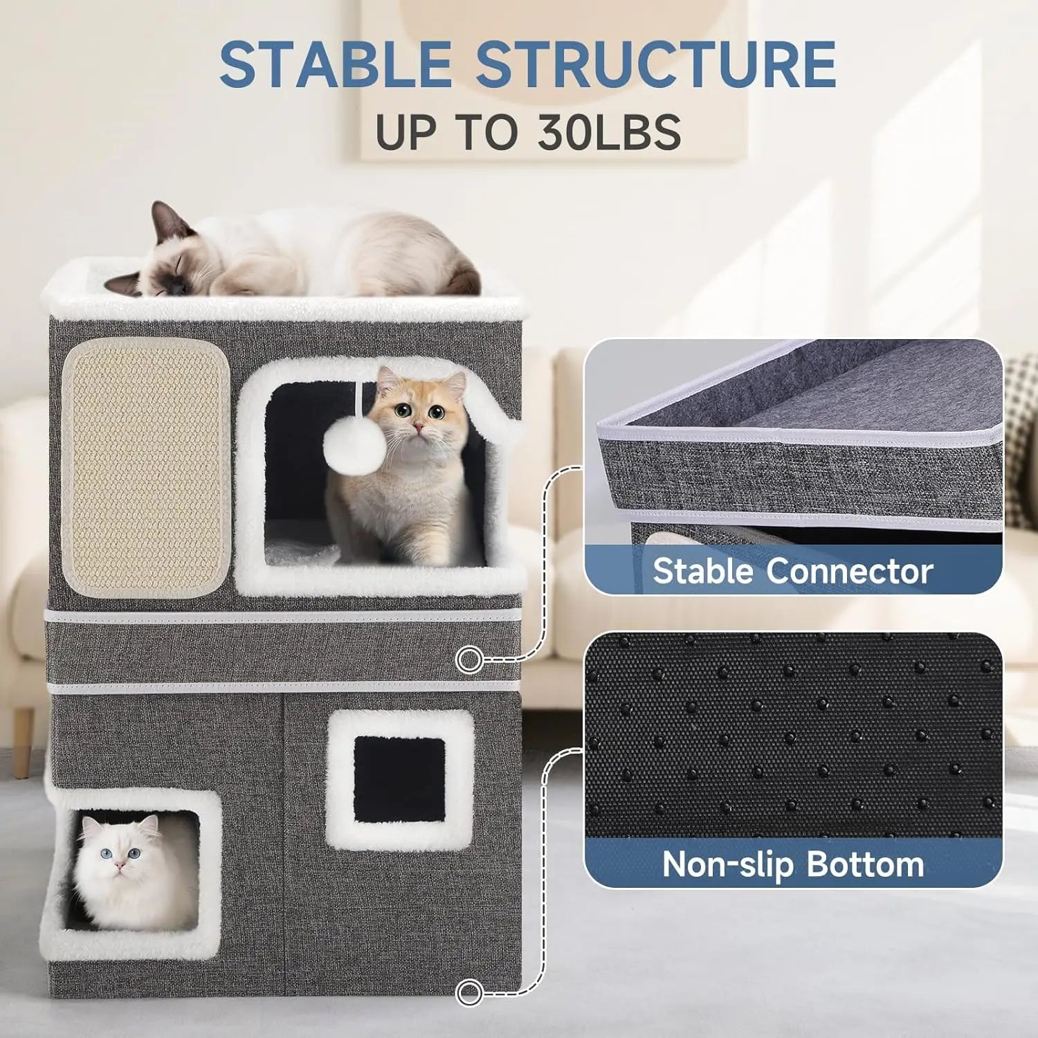 Double Cat Beds for Indoor Cats, 2-Storey Cat House with Large Cozy Hideaways, Dual Purpose Cat Cave Cube with Scratch Pads