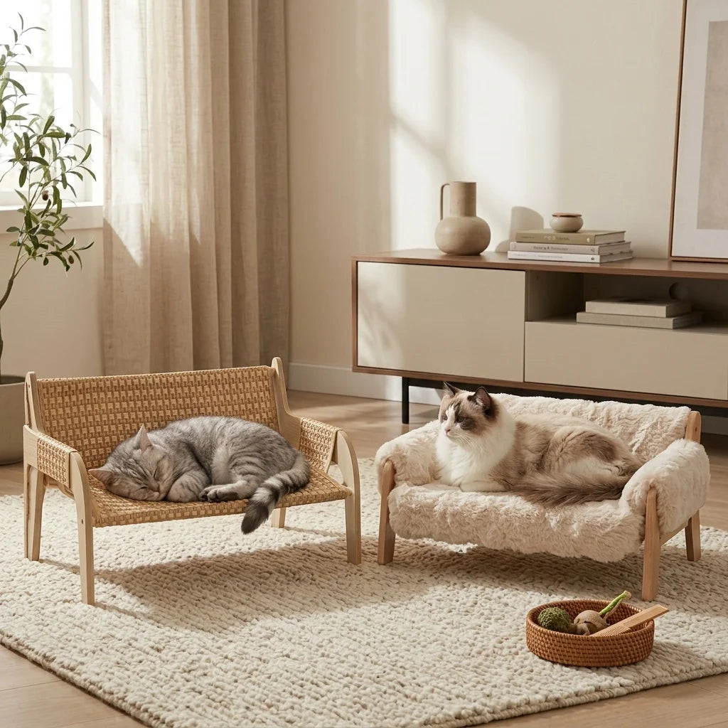 Elevated pet sofa bed, solid wood pet lounge chair, suitable for both cats and dogs.