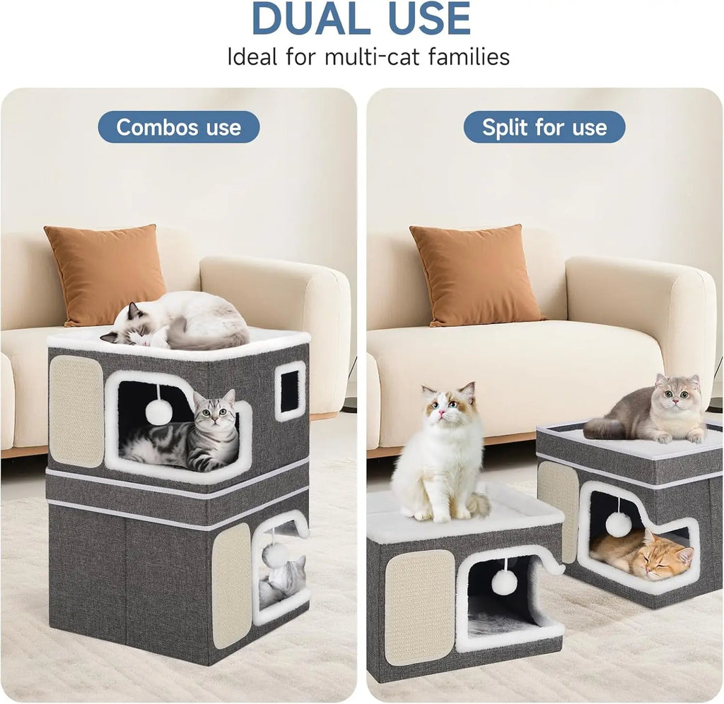 Double Cat Beds for Indoor Cats, 2-Storey Cat House with Large Cozy Hideaways, Dual Purpose Cat Cave Cube with Scratch Pads