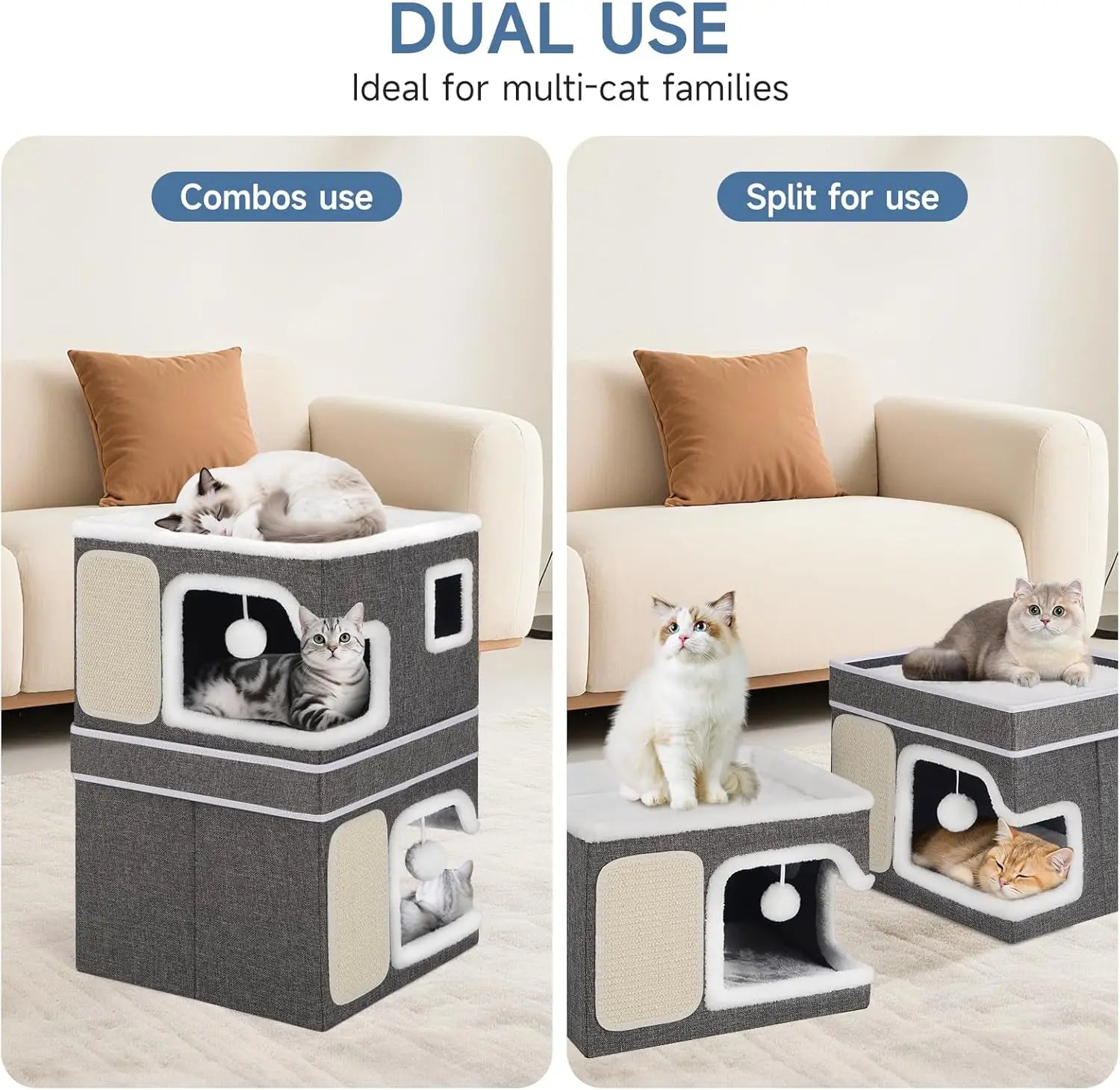 Double Cat Beds for Indoor Cats, 2-Storey Cat House with Large Cozy Hideaways, Dual Purpose Cat Cave Cube with Scratch Pads