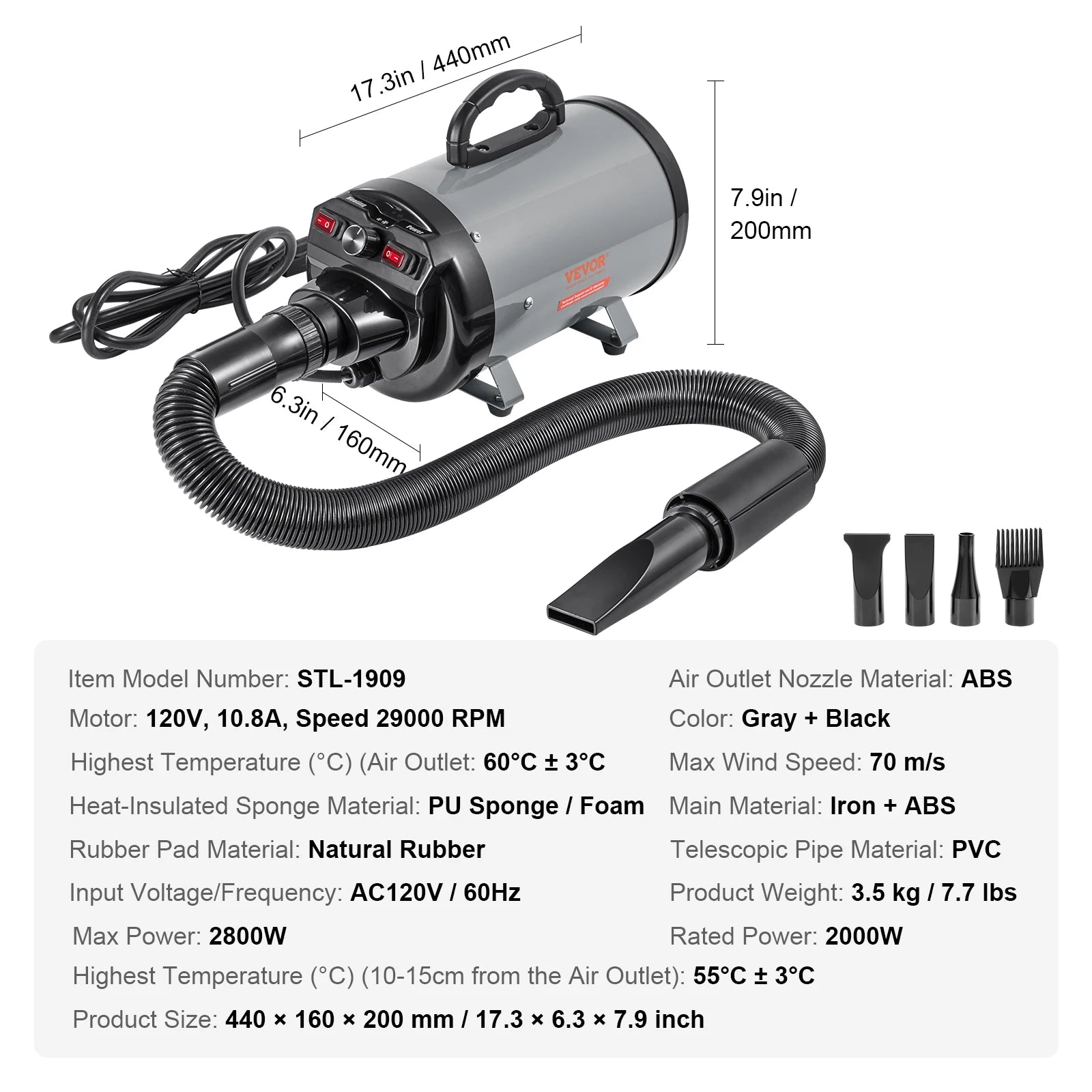 SucceBuy 2000W/2.7HP Dog Blow Dryer Adjustable Speed Temperature Control with 4 Nozzle and Extendable Hose for Pet Hair Grooming