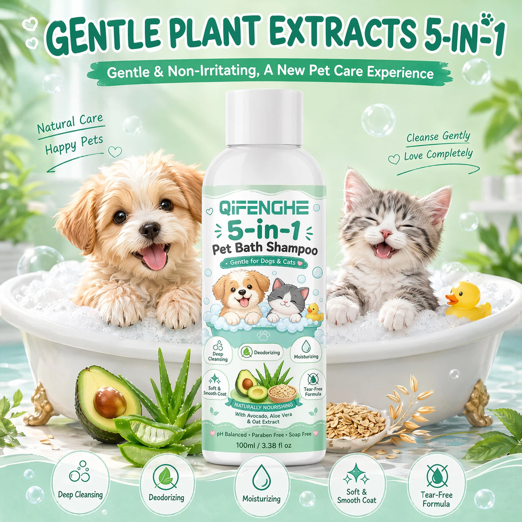5-in-1 Pet Bath Shampoo for Dogs & Cats, Tear-Free Oatmeal Aloe Avocado