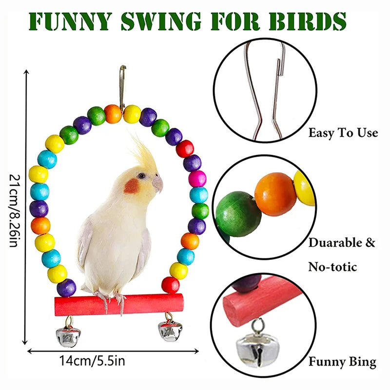 7PCS Bird Toy Wood Parrot Toys Set Cage Bird Accessories Swing Suspension