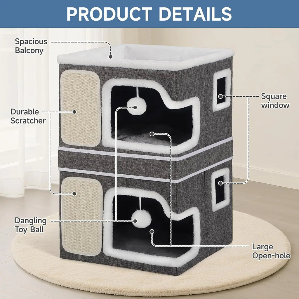 Double Cat Beds for Indoor Cats, 2-Storey Cat House with Large Cozy Hideaways, Dual Purpose Cat Cave Cube with Scratch Pads
