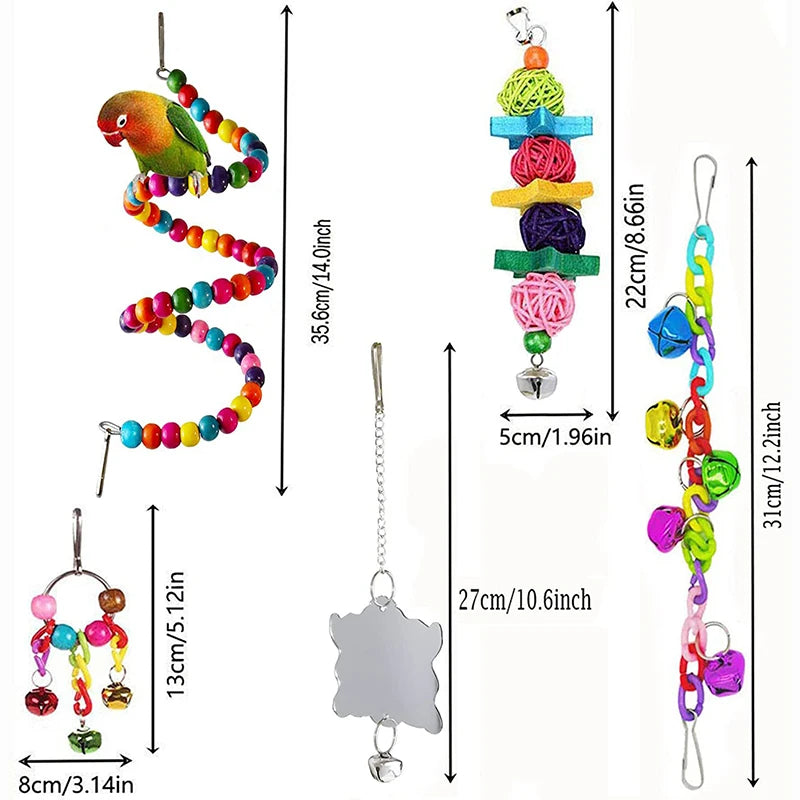 7PCS Bird Toy Wood Parrot Toys Set Cage Bird Accessories Swing Suspension