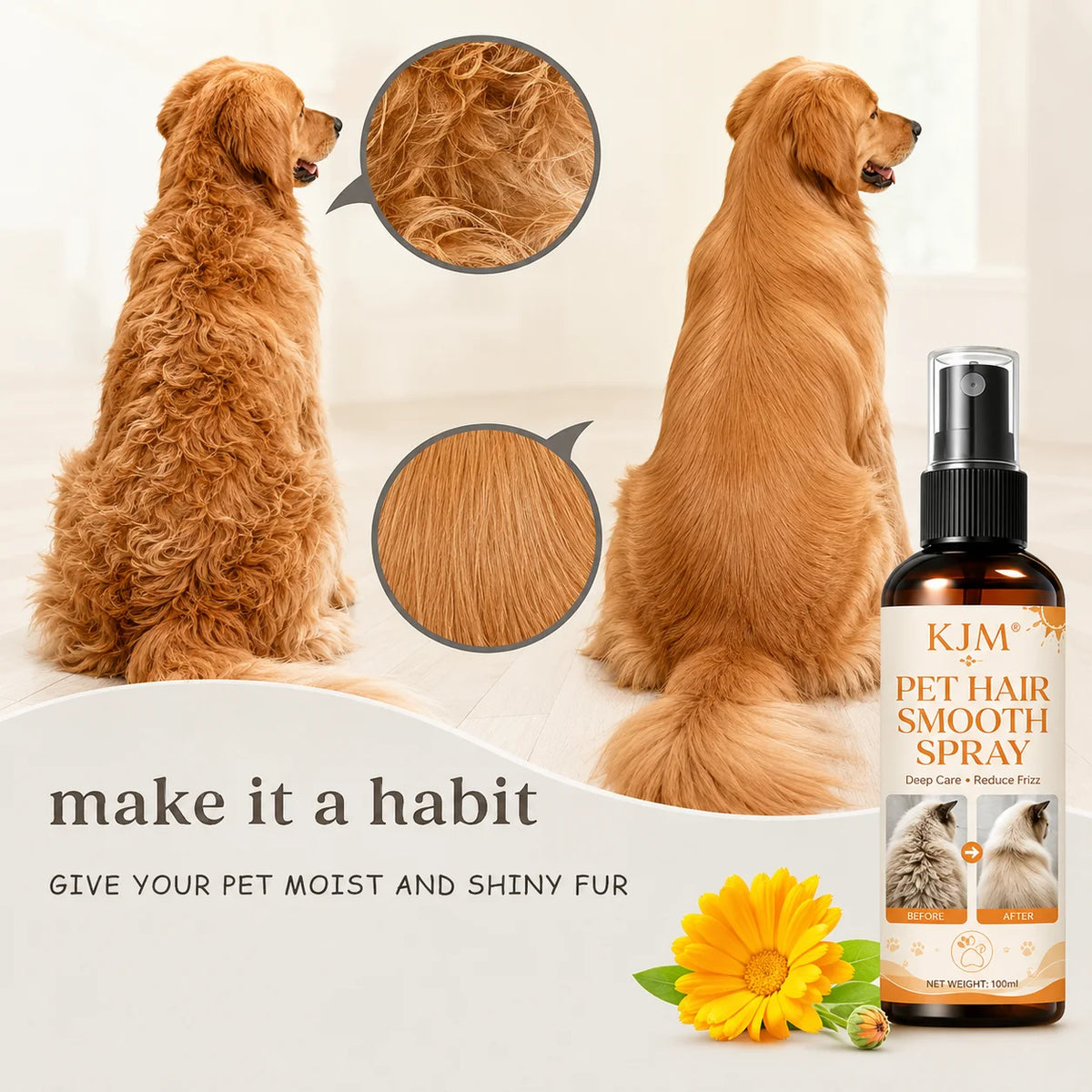 KJM 10 In 1 Pet Detangling Spray Leave-In Mist Dog Cat Plant Oil Aloe Vit