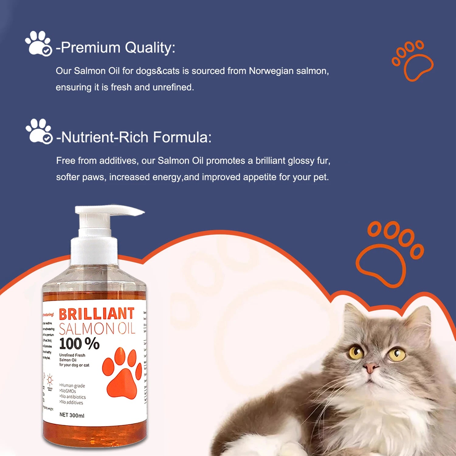 300ml/10.15 fl oz, 100ml/3.38 fl oz Human Grade Salmon Oil for Dogs & Cats