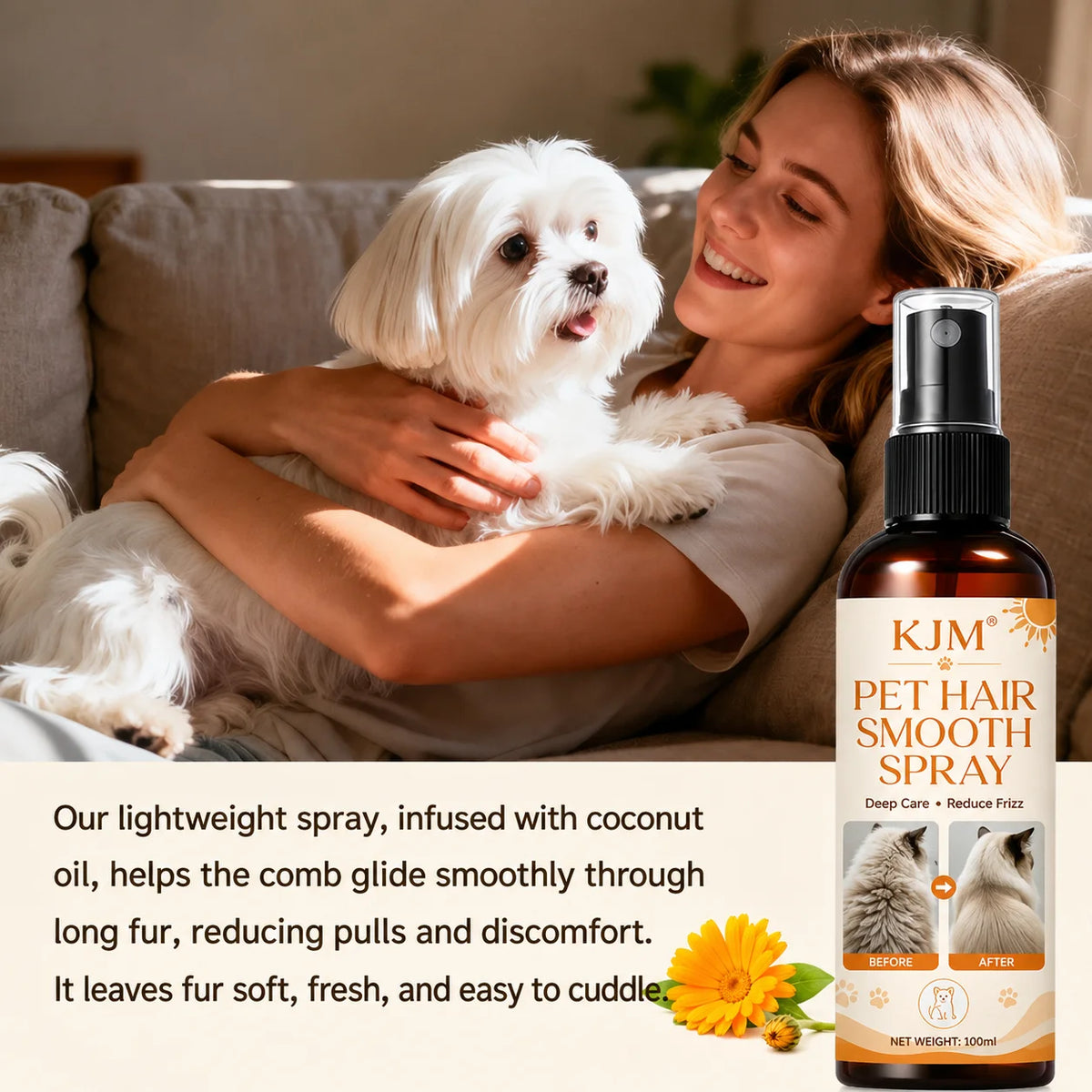 KJM 10 In 1 Pet Detangling Spray Leave-In Mist Dog Cat Plant Oil Aloe Vit