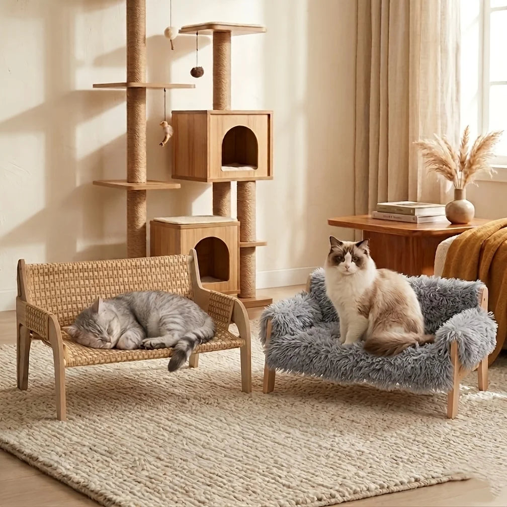 Elevated pet sofa bed, solid wood pet lounge chair, suitable for both cats and dogs.