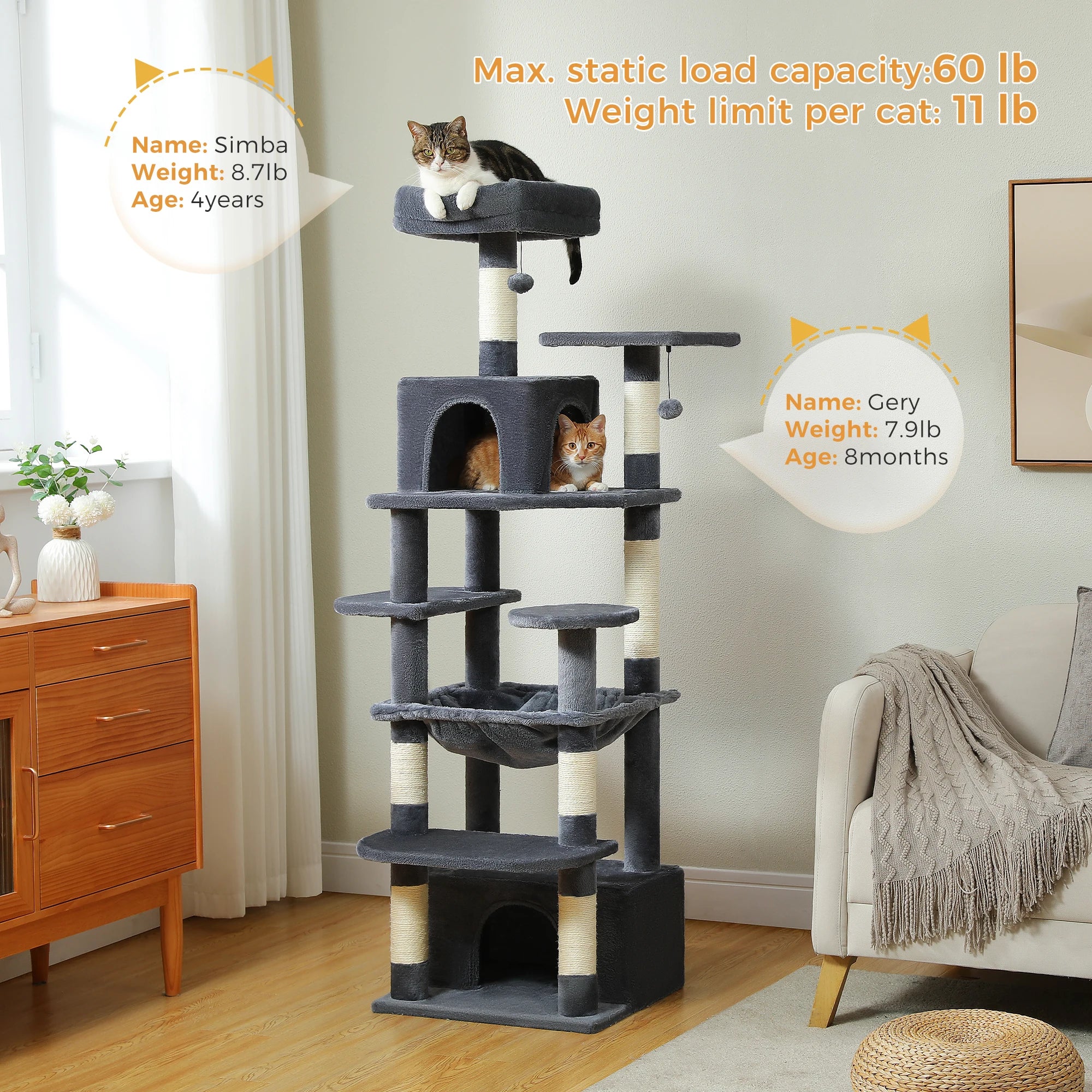 Large Cat Tree and Tower for Indoor Cats With Sisal-Covered Scratching Posts