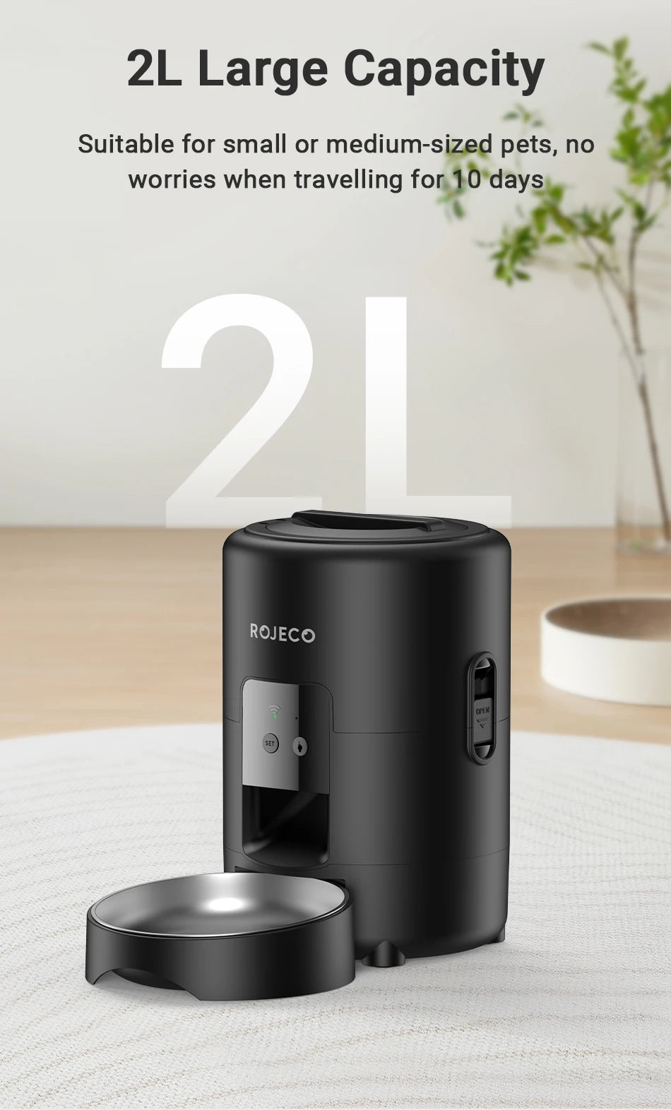 ROJECO Automatic Cat Feeder 2L Smart Pet Food Kibble Dispenser WiFi App Remote Control  Dog Feeder For Pet Cat Dog Accessories