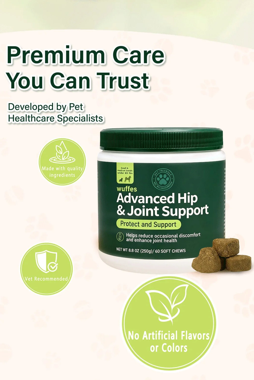 250g Hip Joint Support Chews for Dogs 60 Soft Chews with Glucosamine Chondroitin