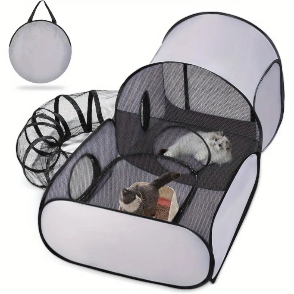 Foldable Cat Tent with Tunnel, Breathable Polyester Cat Cage Indoor Outdoor