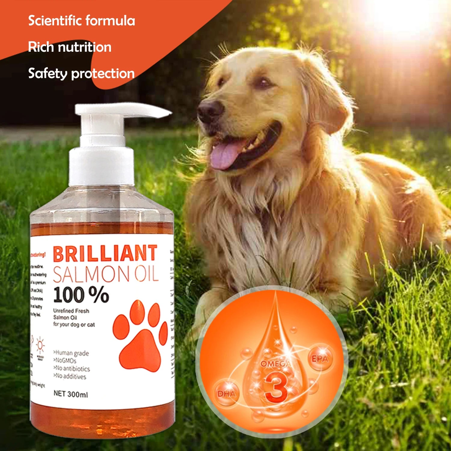 300ml/10.15 fl oz, 100ml/3.38 fl oz Human Grade Salmon Oil for Dogs & Cats