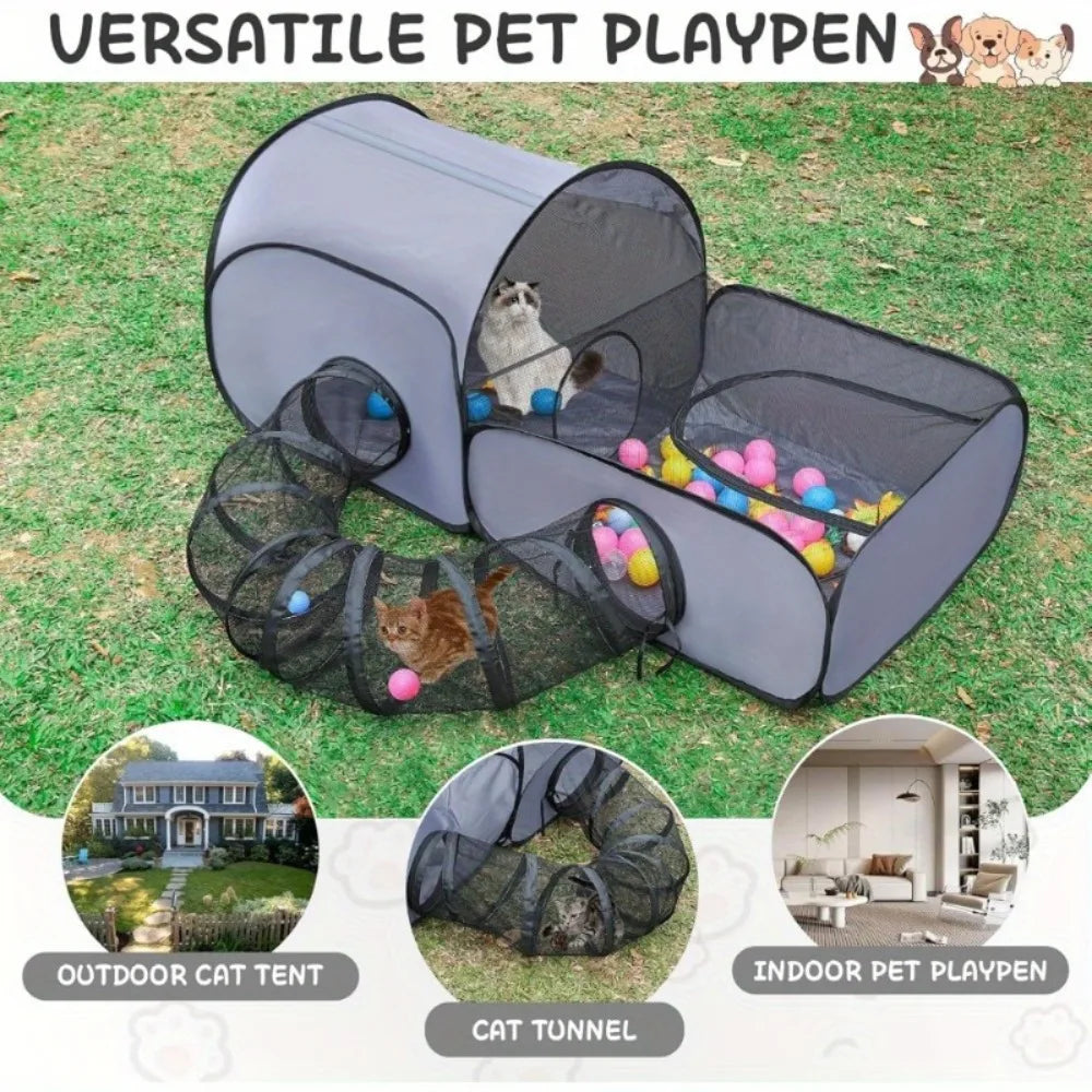 Foldable Cat Tent with Tunnel, Breathable Polyester Cat Cage Indoor Outdoor