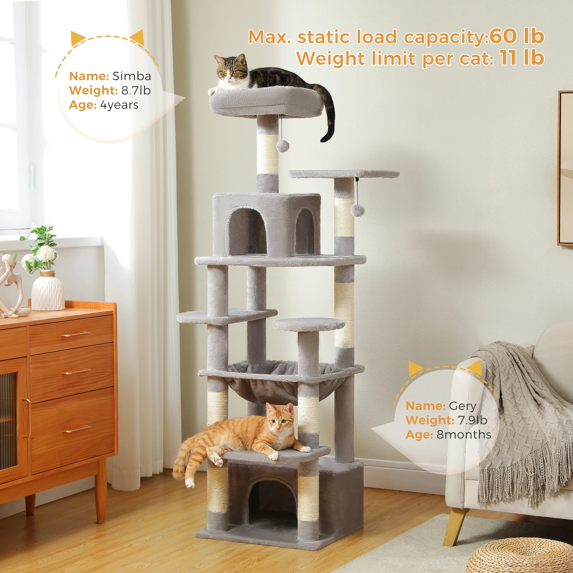 Large Cat Tree and Tower for Indoor Cats With Sisal-Covered Scratching Posts