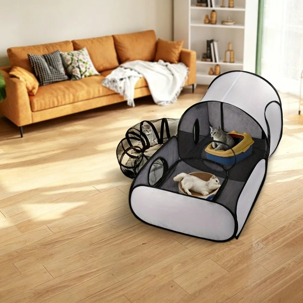 Foldable Cat Tent with Tunnel, Breathable Polyester Cat Cage Indoor Outdoor