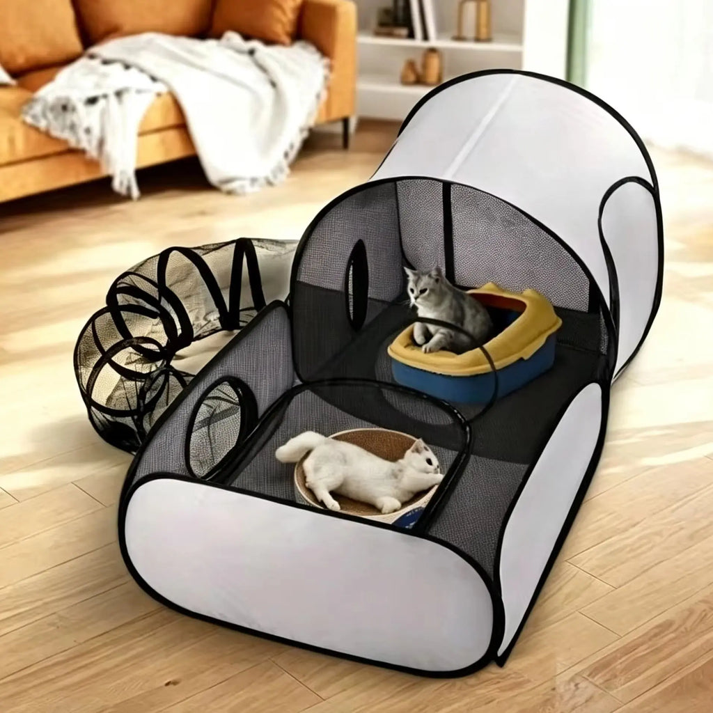 Foldable Cat Tent with Tunnel, Breathable Polyester Cat Cage Indoor Outdoor